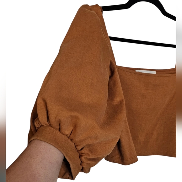 Oak + Fort Terracotta Tan Cotton Crop Top Square Neck Puff Half Sleeve size L - Picture 4 of 8
